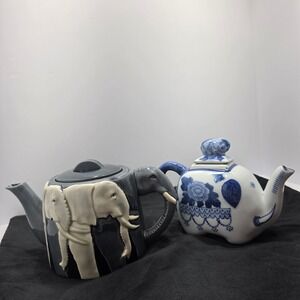 Otagiri Tom Taylor Elephant Teapot Set Grey Relief & Blue White Porcelain 2pc